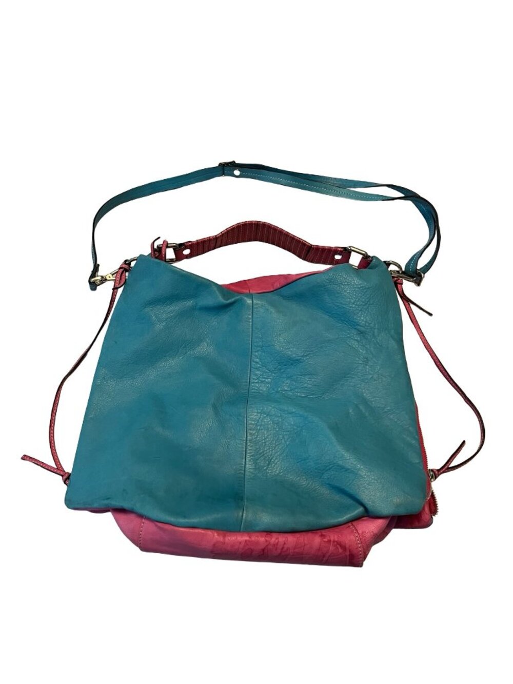 Genuine Leather Colorblock Hobo Bag Teal Pink Slouchy Shoulder Bag Made in Italy